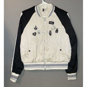 Divided by H&M Size 14 Satin Full-Zip Bomber Jacket White & Black
